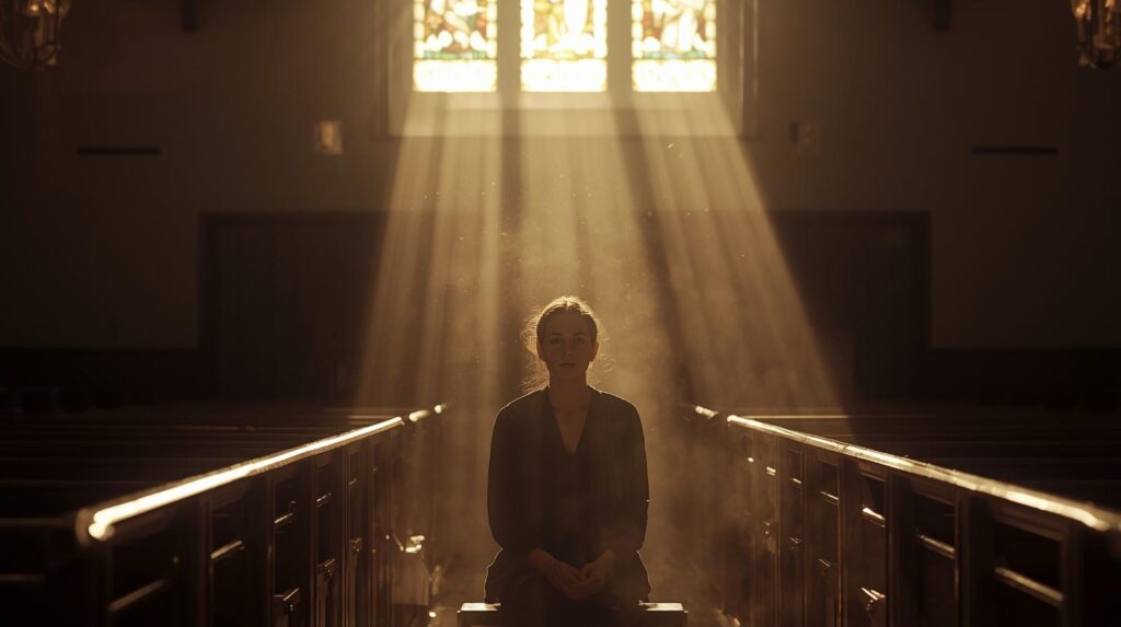 Woman in church with light coming in from windows behind her
