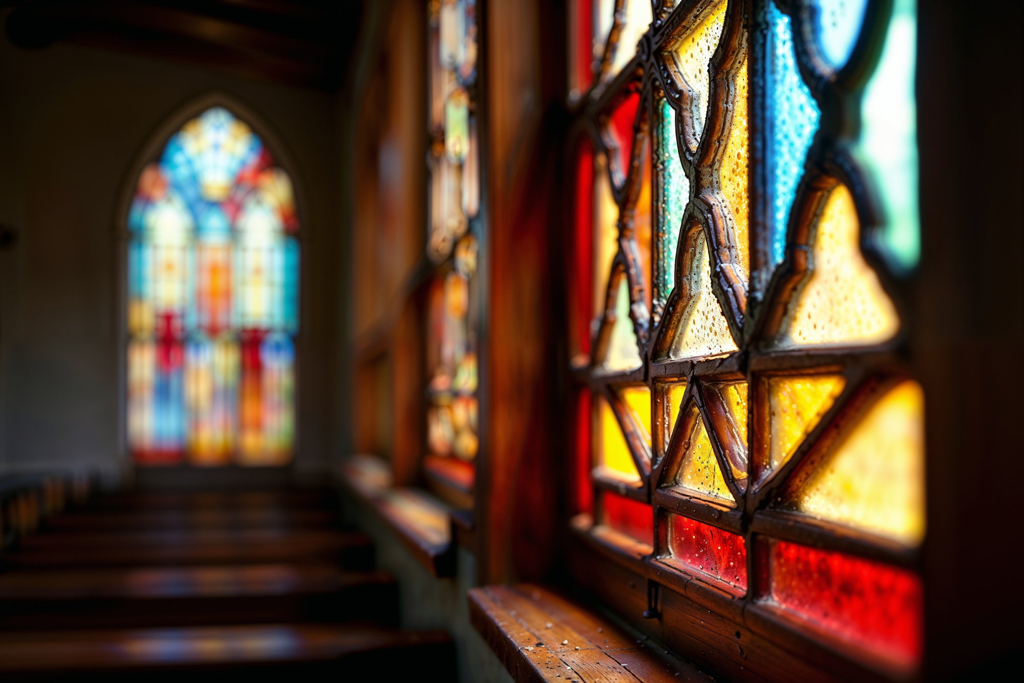 Stained glass window in an old church building